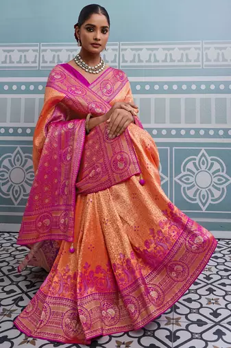 orange kanjivaram soft silk blend zari with meenakari weaving saree with blouse