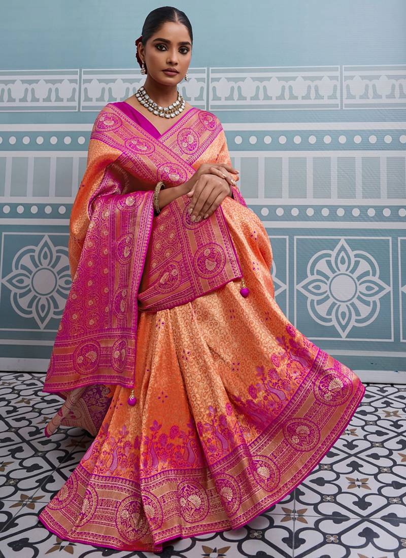orange kanjivaram soft silk blend zari with meenakari weaving saree with blouse