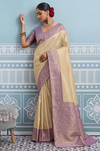 beige kanjivaram soft silk blend zari with meenakari weaving saree with blouse