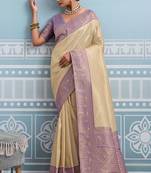 beige kanjivaram soft silk blend zari with meenakari weaving saree with blouse