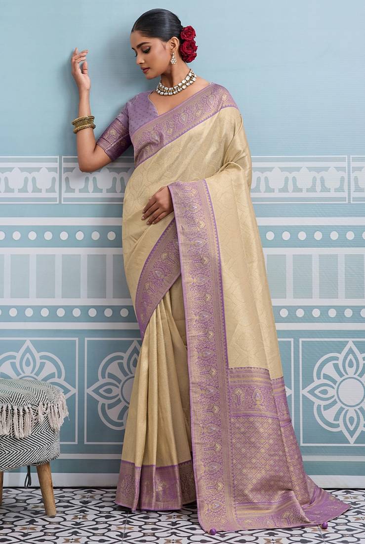 beige kanjivaram soft silk blend zari with meenakari weaving saree with blouse