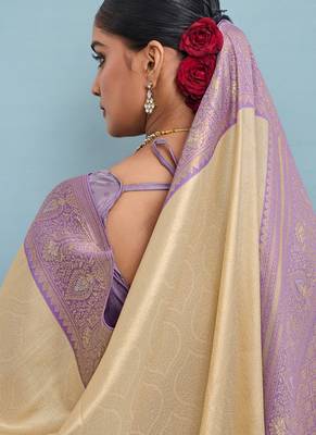 beige kanjivaram soft silk blend zari with meenakari weaving saree with blouse 2