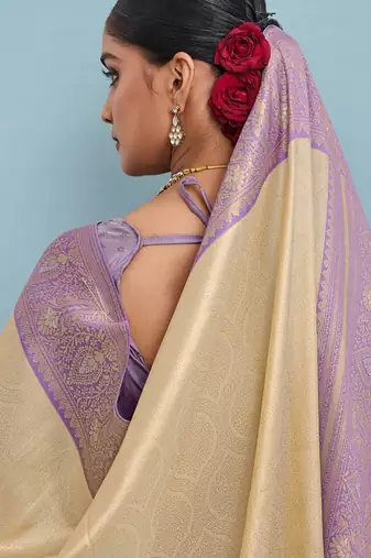 beige kanjivaram soft silk blend zari with meenakari weaving saree with blouse
