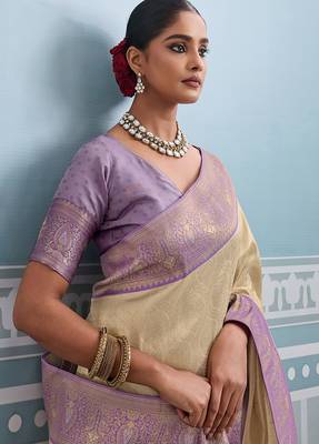 beige kanjivaram soft silk blend zari with meenakari weaving saree with blouse 3