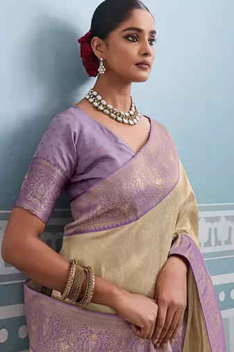 beige kanjivaram soft silk blend zari with meenakari weaving saree with blouse