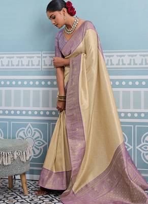 beige kanjivaram soft silk blend zari with meenakari weaving saree with blouse 4
