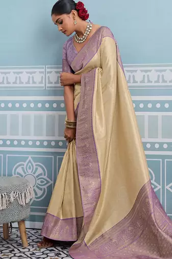 beige kanjivaram soft silk blend zari with meenakari weaving saree with blouse