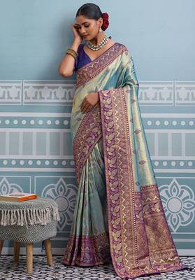 aqua blue kanjivaram soft silk blend zari with meenakari weaving saree with blouse 1