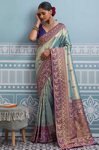 aqua blue kanjivaram soft silk blend zari with meenakari weaving saree with blouse