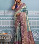aqua blue kanjivaram soft silk blend zari with meenakari weaving saree with blouse