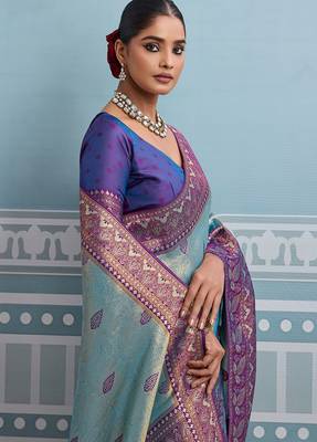 aqua blue kanjivaram soft silk blend zari with meenakari weaving saree with blouse 2