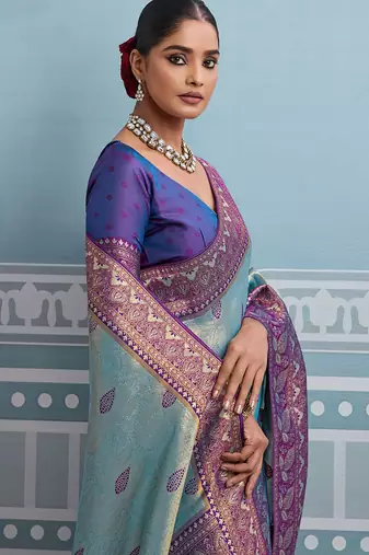 aqua blue kanjivaram soft silk blend zari with meenakari weaving saree with blouse