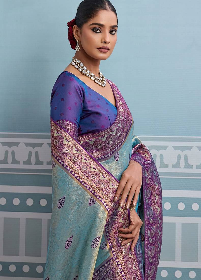 aqua blue kanjivaram soft silk blend zari with meenakari weaving saree with blouse