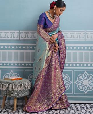 aqua blue kanjivaram soft silk blend zari with meenakari weaving saree with blouse 3