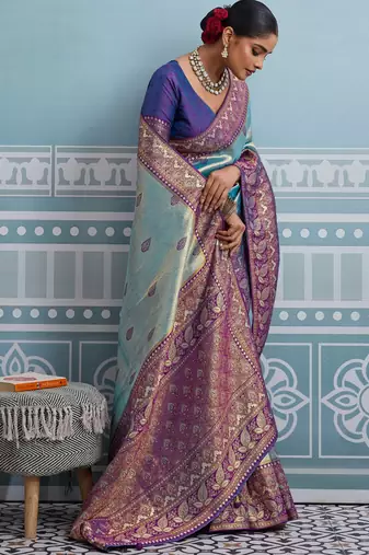 aqua blue kanjivaram soft silk blend zari with meenakari weaving saree with blouse