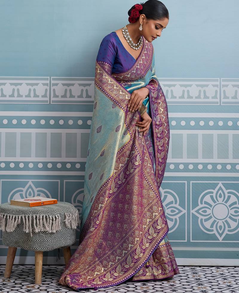 aqua blue kanjivaram soft silk blend zari with meenakari weaving saree with blouse