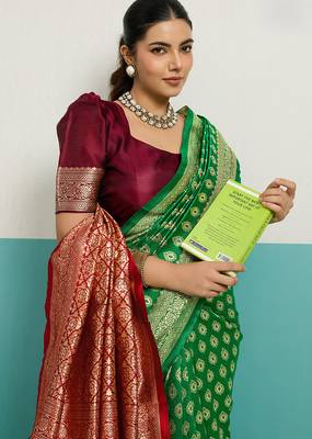 green banarasi silk blend zari woven with jaal saree with blouse 2
