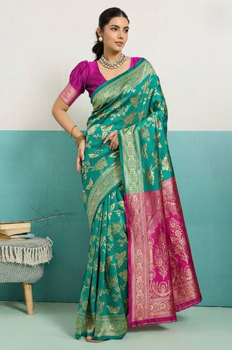 rama green banarasi silk blend zari woven with jaal saree with blouse