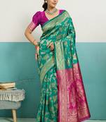 rama green banarasi silk blend zari woven with jaal saree with blouse