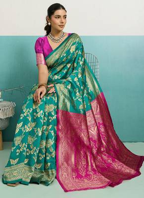 rama green banarasi silk blend zari woven with jaal saree with blouse 2