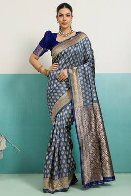 blue banarasi silk blend zari woven with jaal saree with blouse 1