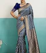 blue banarasi silk blend zari woven with jaal saree with blouse