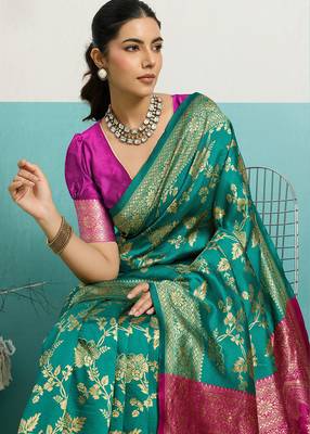 rama green banarasi silk blend zari woven with jaal saree with blouse 3