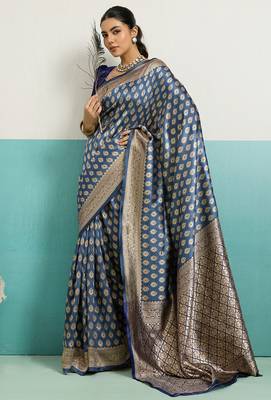 blue banarasi silk blend zari woven with jaal saree with blouse 2