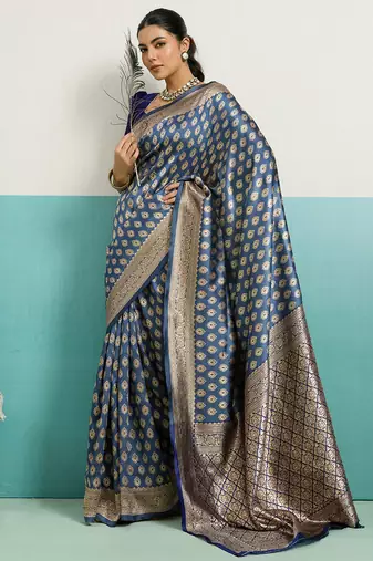 blue banarasi silk blend zari woven with jaal saree with blouse