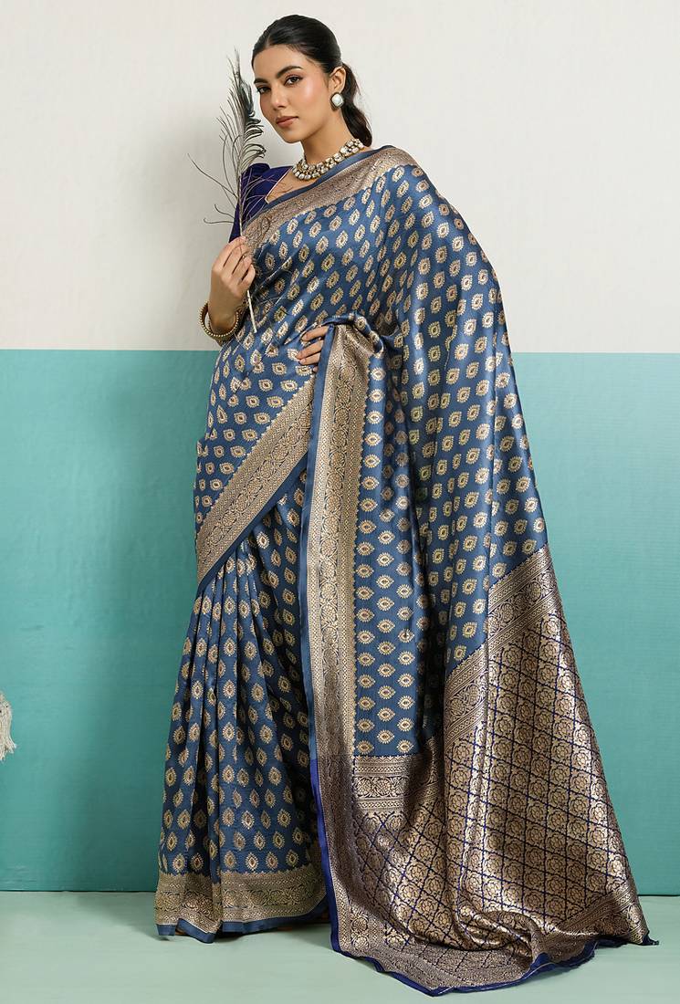 blue banarasi silk blend zari woven with jaal saree with blouse
