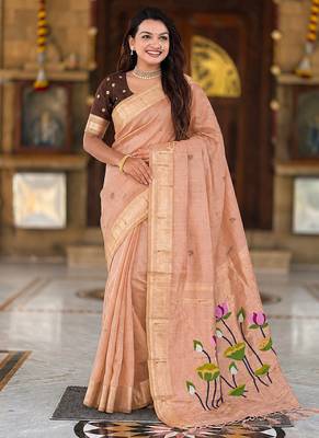 Peach cotton silk saree with colorful floral weaving pallu with blouse 1