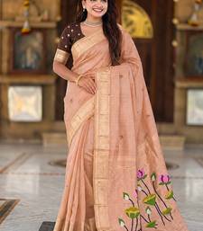 Peach cotton silk saree with colorful floral weaving pallu with blouse