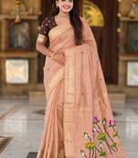 Peach cotton silk saree with colorful floral weaving pallu with blouse