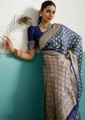 blue banarasi silk blend zari woven with jaal saree with blouse 3