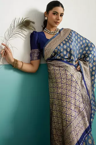 blue banarasi silk blend zari woven with jaal saree with blouse