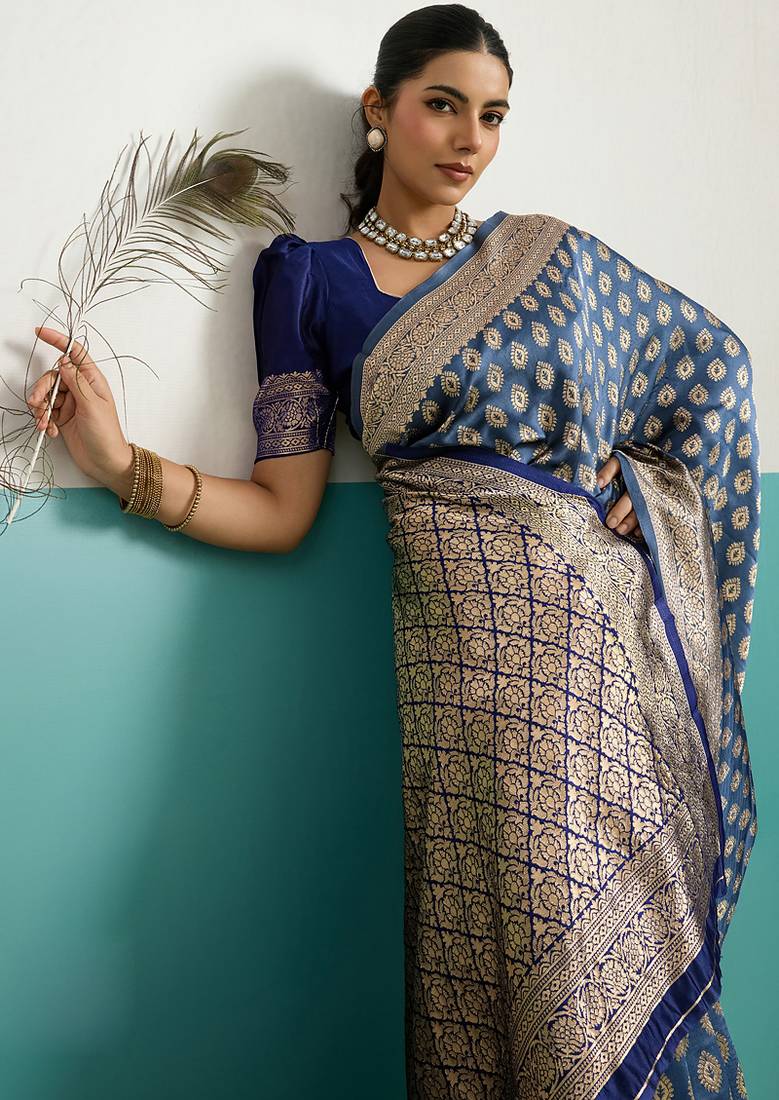 blue banarasi silk blend zari woven with jaal saree with blouse