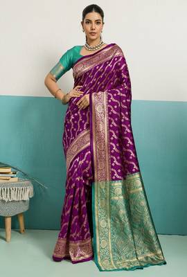magenta banarasi silk blend zari woven with jaal saree with blouse 1