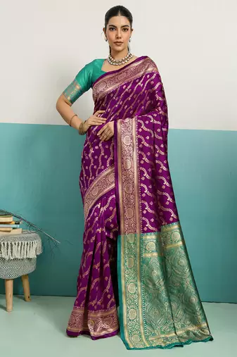 magenta banarasi silk blend zari woven with jaal saree with blouse