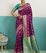 magenta banarasi silk blend zari woven with jaal saree with blouse