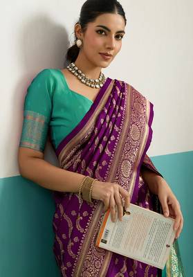 magenta banarasi silk blend zari woven with jaal saree with blouse 2