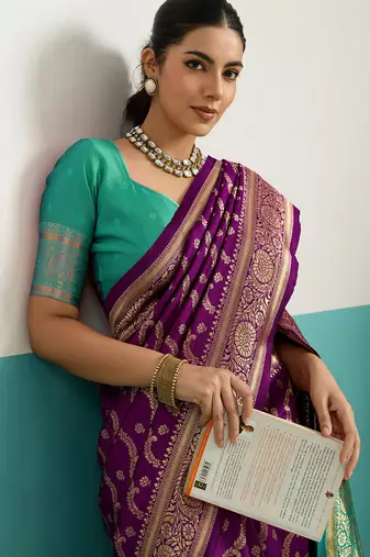 magenta banarasi silk blend zari woven with jaal saree with blouse