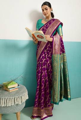 magenta banarasi silk blend zari woven with jaal saree with blouse 3