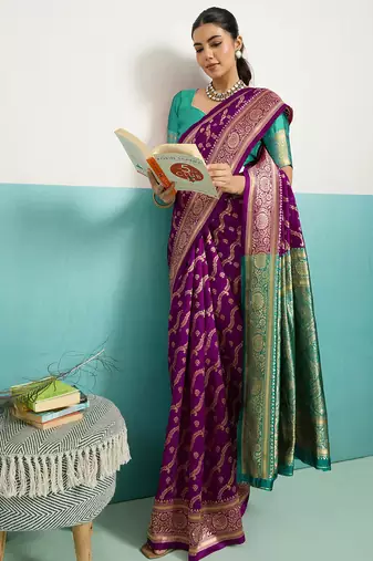magenta banarasi silk blend zari woven with jaal saree with blouse