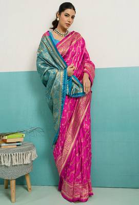 hot pink banarasi silk blend zari woven with jaal saree with blouse 1