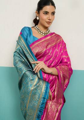 hot pink banarasi silk blend zari woven with jaal saree with blouse 2