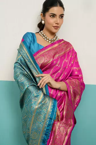 hot pink banarasi silk blend zari woven with jaal saree with blouse