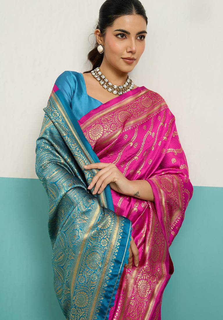 hot pink banarasi silk blend zari woven with jaal saree with blouse