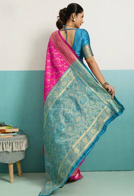hot pink banarasi silk blend zari woven with jaal saree with blouse 3