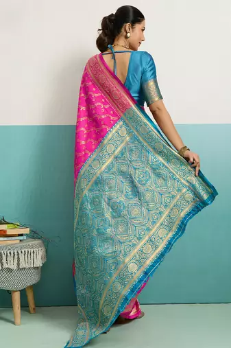 hot pink banarasi silk blend zari woven with jaal saree with blouse