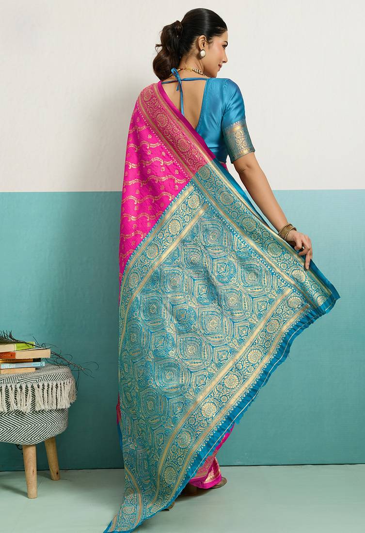 hot pink banarasi silk blend zari woven with jaal saree with blouse